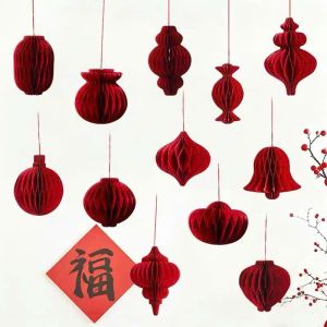 Bộ 10 đồ treo trang trí giấy tổ ong cao cấp màu đỏ may mắn dùng Tết & lễ hội