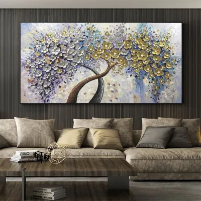 Lukisan dinding besar pohon bunga ungu gold aesthetic modern art plus frame FUTURE ART PAINTING