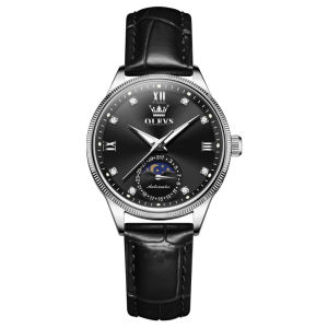 OLEVS 7039 Fashion Women Mechanical Watch Gift Genuine Leather Watchband Round-dial Wristwatch Luminous