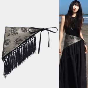 Chinese Style Triangular Waist Belt Printing Ethnic Style Butt Curtain Skirt High Waist Irregular Hem Floral Triangular Belt