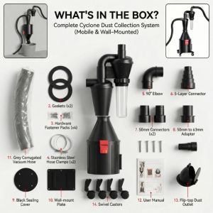 2 in 1 Double Filtration Cyclone Dust Collector Set Wheeled/Wall-mounted for Woodworking Workshop Sander Shop Vac/Vacuum Cleaner