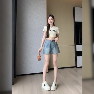 Ammin quần ống rộng ngắn denim cổ điển giản dị và thoải mái túi lớn Bao Trọn Gói Mùa hè 2024 cho nữ