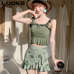 Luoke Swimsuit Free shopping Tankinis Yellow and pink Fashion speckled skirt Style Small Chest Gathered To Cover Belly Show Thin South Korean Lovely Swimwear sport t-shirt Spot with chest pads Special Offer Swimming Suit Women