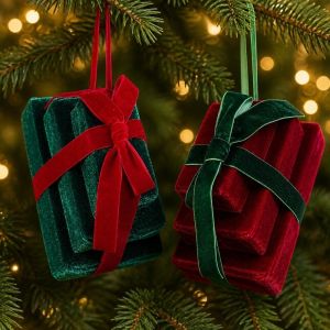 DSIUY Velvet Christmas Plush Gift Box Pendant Stacked Gift Box Shape with Bow Xmas Hanging Pendant Festive DIY Christmas Tree Ornament Christmas