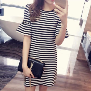 Dress Salur Lengan Pendek Basic Fashion Import Kasual Berkualitas Nyaman Tidak Panas