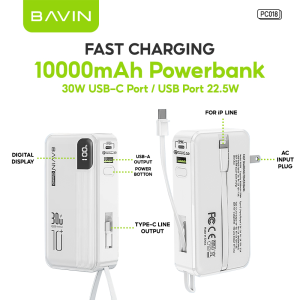 BAVIN PC018 10000mAh 30W Fast Charging Portable Powerbank w/ Built-in Type-C / iPh Cable & Plug for iPhone 17 Series