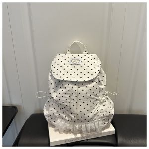 NOER Korean Style Polka Dot Backpack Lace Trimmed Large Capacity Laptop Backpack Sweet Drawstring Closure School Daypack for Girls