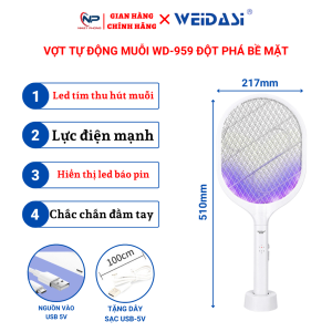 Vợt Muỗi Thông Minh Tự Động Kiêm Đèn Bắt Muỗi WEIDASI WD-959 Sạc Tích Điện Vợt Bắt Muỗi Cao Cấp Để BànCó Led Thu Hút Muỗi Tặng Dây Sạc USB 5V