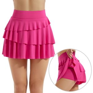 JULIA 2 Pockets Womens Pleated Tennis Skirts Ruffle Tummy Control Sports Dance Skirt Soft with Shorts Golf Athletic Skirt Pickleball
