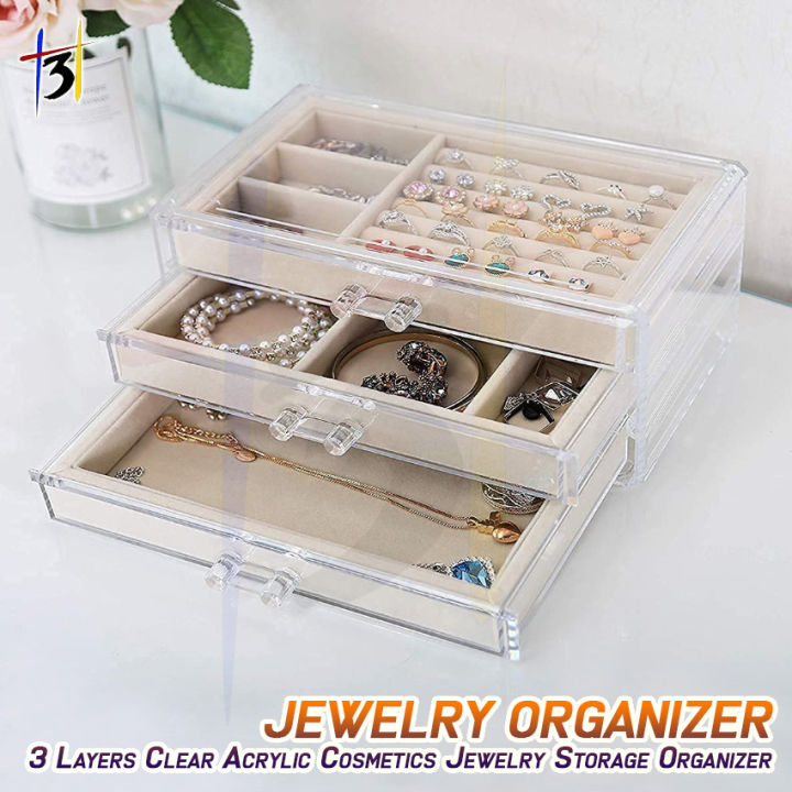 Jewelry Organizer with 3 Drawers Clear Acrylic Jewelry Box