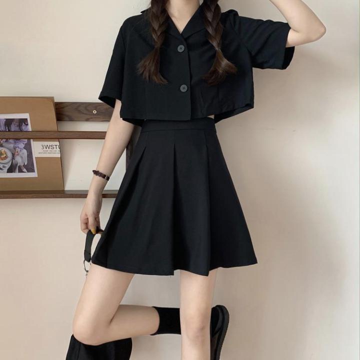 Summer Korean Style Set Short Top Loose Suit Set High Waist Pleated ...