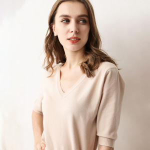 Knit Bottom Shirt Loose Womens Sweater VNeck Half Sleeve TShirt