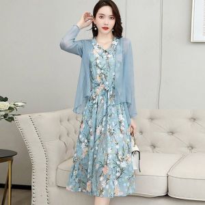 【HOT】ใหม่ชุดเดรสกันแดดผ้าชีฟองชุดสองชิ้น