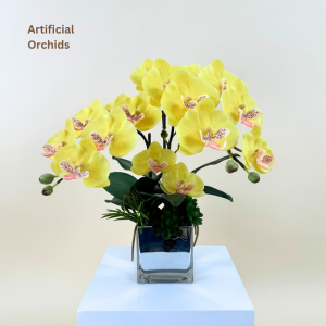 แจกันกล้วยไม้ประดิษฐ์ กล้วยไม้สีเหลืองพร้อมแจกัน ดอกไม้ปลอมตกแต่งบ้าน