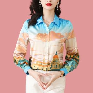 Silk Satin Smooth Soft New Fashion Blue Womens Casual Loose Long Sleeve Shirt Office Party Shirts Tops Import Kemeja Lengan Panjang Wanita Impor