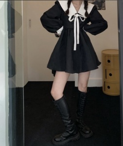 đầm baby doll phối cổ v đầm dáng xoè đen trắng (tặng kèm quần váy)(BB14)