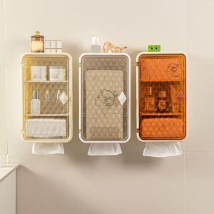 LIANG พลาสติก กล่องเก็บเครื่องสำอาง ติดผนัง ความจุขนาดใหญ่ กล่องเก็บยา หลายฟังก์ชัน ป้องกันฝุ่น กล่องทิชชู่แบบแยกได้ สำหรับบ้าน