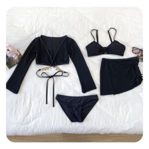 ชุดว่ายน้ําบิกินี แขนยาว สีดํา น่ารัก ผ่าข้าง สําหรับผู้หญิง4 ชิ้น 2417