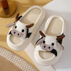 Four Seasons Indoor Slippers for Women Home Cotton Linen Slippers Thick bottom anti slip Cute Cartoon Little Cow Slipper