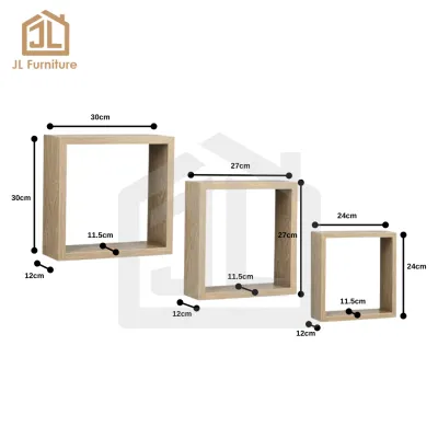 JL Furniture 3pcs Square Cube Floating Wall Shelves Rak Dinding Gantung Hiasan Kayu Rak Dinding Terapung