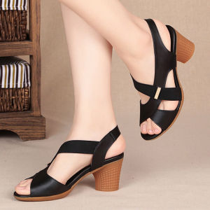 [Free Shipping] Womens Sandals Peep-Toe Chunky Heel High-Heeled Sandals Womens Non-Slip Lightweight Mom Sandals