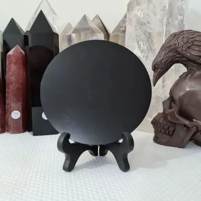 Healing Crystals Obsidian Scrying Mirror High Quality Natural Black Round Plate Mirror Home Decor with Shelf Stone