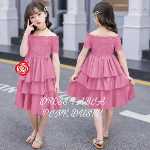 Baju Dress Anak Perempuan Cewek Umur 7 8 9 Tahun Sabrina Susun Fabia - Pink
