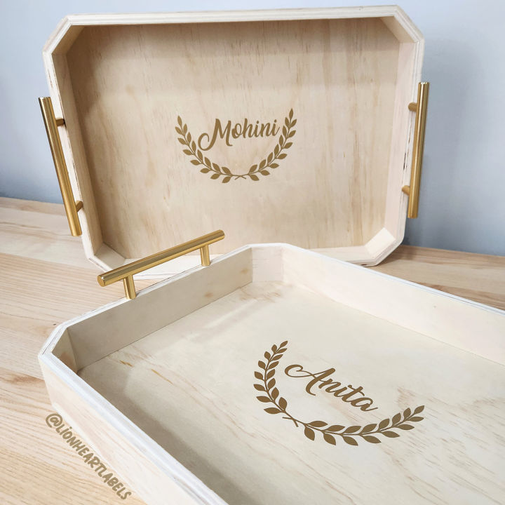 [Large Modern] Personalized Wooden Serving Tray with Gold Stainless Steel  Handles 16 x 12 x Inches Kitchen Dining Restaurant Gift Souvenir Heavy