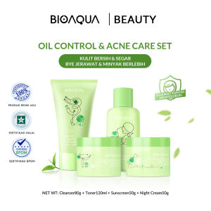BIOAQUA 4pcs Skincare Paket Niacinamide Glowing & Brightening / Tea Tree Oligopeptide Acne Set With Cleanser / Toner / Sunscreen / Night Cream