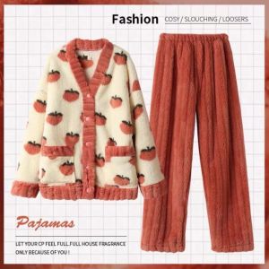 MYCOLOR ชุดนอน ขน นุ่ม ๆ ชุดแขนยาวขายาว สตรอเบอร์รี่สตรอเบอรี่ ชุดนอนผ้าฟลีซ ผ้ากำมะหยี่กำมะหยี่ พีชสีพีช ชุดอยู่บ้าน หวานหวานแหววว ชุดใส่นอน ชุดกลางคืนฤดูหนาว ฤดูหนาวฤดูใบไม้ร่วงฤดูหนาว