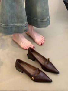 Sheepskin Version ~ Vintage Shallow High Heels for Women Camellia One-Strap Chunky Heel Single Shoes Pointed Toe Elegant Mary Jane Shoes