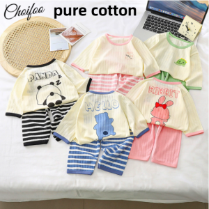 ChoiFoo ชุดนอนเด็กสำหรับฤดูร้อนเซตชุดนอนผ้าฝ้ายบริสุทธิ์นุ่มใส่สบายเสื้อผ้าใส่อยู่บ้านลายการ์ตูนเสื้อผ้าปรับอากาศสำหรับเด็กชุดนอนแขนสั้นเป็นมิตรกับผิวนุ่มสบาย