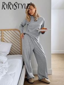 Fashion Gray Knitted Loose Pajamas Women Suits Autumn O-Neck Long Sleeve Tops Straight Long Pants Nightwears 2 Pieces