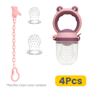 Hamshmoc 4 Pieces Baby Fruit Bite Bags Silicone Fresh Food Fruits Feeder With Replaceable Pacifier Anti-Loss Chain Baby Food Supplement Soother Artifacts