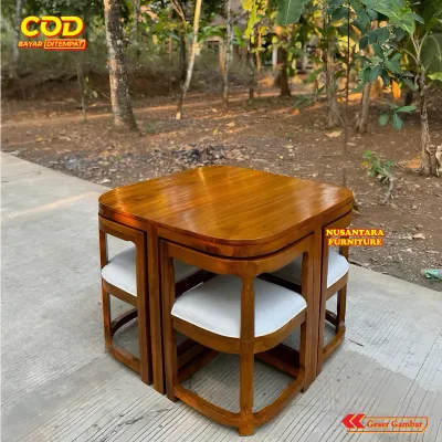 Set Meja Makan Kayu Jati SPACE SAVING 4 Kursi Masuk Bawah - Dining Set Compact Hemat Tempat PREMIUM