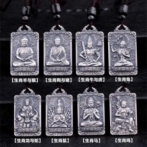 Zodiac Zodiac Buddha Pendant Necklace Men and Women Retro Style Guanyin Buddha Empty Hidden Manshu Puxian Bodhisattva 十二生肖吊坠999纯银兔年本命佛护身符男复古实心菩萨情侣项链子