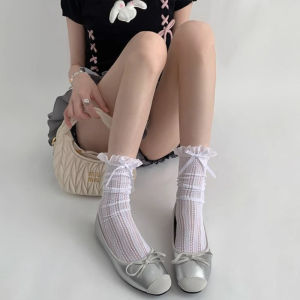 ECMLN Womens Ballet Style Lace Middle Socks Sweet Girl Hollow Mesh Breathable Wood Ear Edge Bowknot Calf Socks