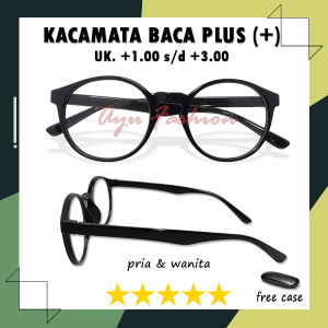 Kacamata Baca Plus Rabun Dekat Frame Bulat Warna Hitam Kilap Lensa Bening Ukuran Plus +1.00 sampai +3.00 Gaya Baru TERLARIS Untuk Pria Wanita - FREE CASE