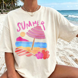 [Local Stock] HBESTY  Women Summer Beach Graphic T Shirt Pink Parasol Sea View Print Short Sleeve Tee Casual Loose Fit Cotton Top Holiday Vacation