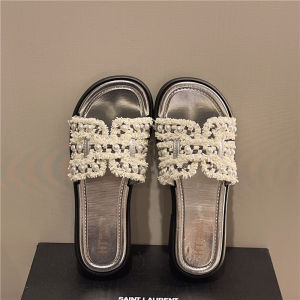 [Free Shipping] New Thick-Heeled Pearl Slippers For Women Summer Breathable Outdoor Fashion Soft-Soled Non-Slip Beach Vacation Sandals