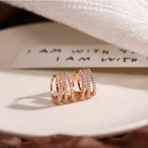 14K Gold Light-luxury 3-claw Hoop Earring With Zircon Sparkling For Women Girls Birthday Festival Gifts