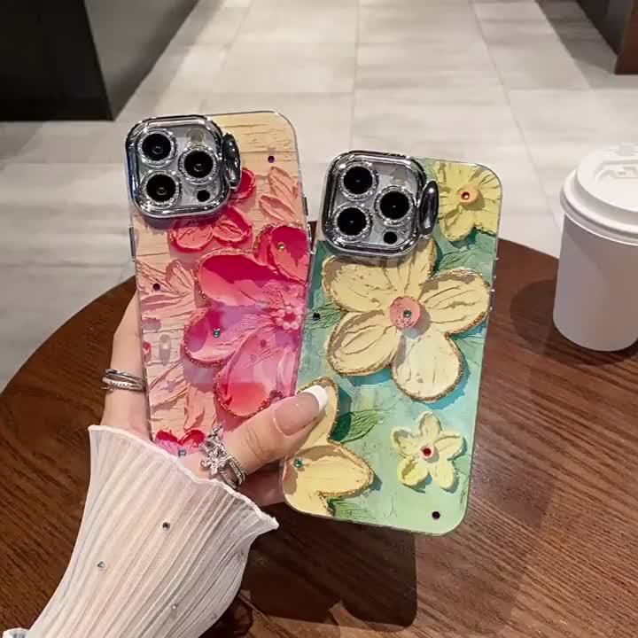 Oil painting butterfly pink purple flowers case for iPhone 15 Pro Max