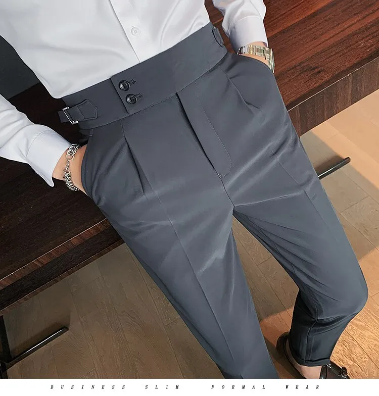 Men's British Style Business Trousers Formal Belt Design High Waist Casual  Pants