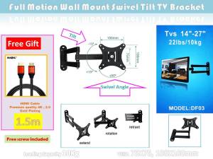 Full Motion Swivel ±90° Tilt ±15° Wall mount TV Bracket size 14"-27" Free 4K 1.5m HDMI cable SG READY STOCK