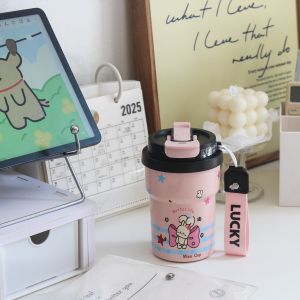 High-quality stylish coffee thermos for women designed for dual-purpose use 316 Stainless steel cup with a ceramic-lined straw
