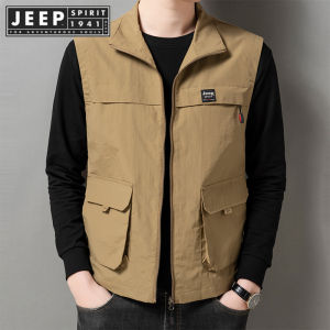 JEEP SPIRIT 1941 ESTD Spring Mens Vest Outwear Casual Standing Collar Outdoor Sports Quick Dry Vest Handsome Vest
