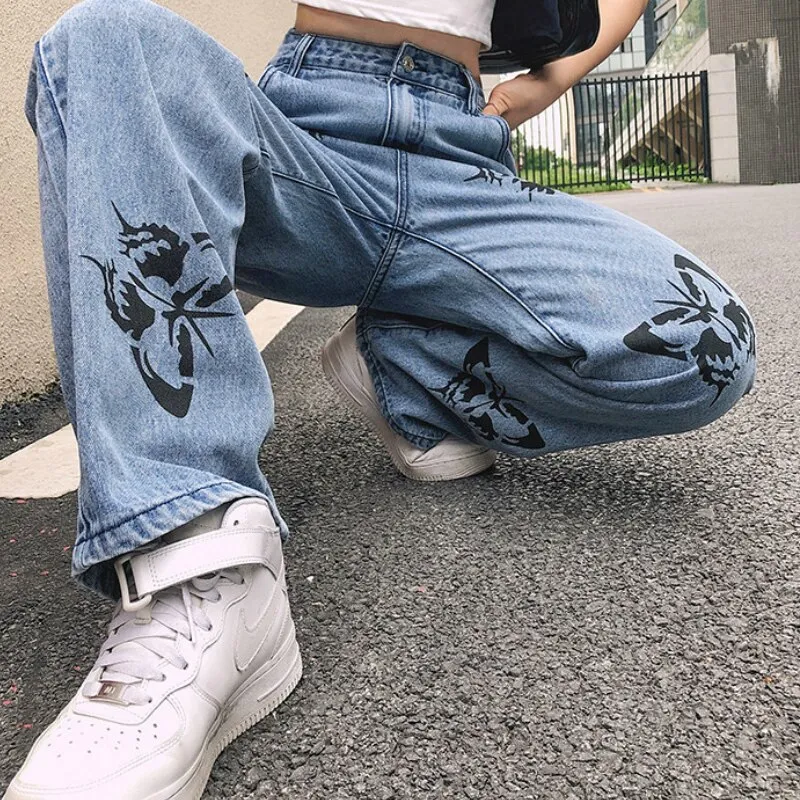 Ready Stock-Women's High Waisted Jeans Butterfly Print Straight Wide Leg Denim  Pants Baggy Loose Casual Trousers Streetwear