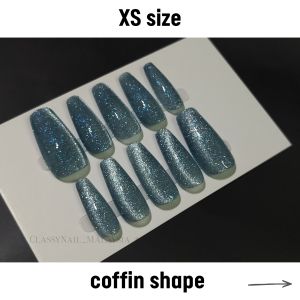 dark blue glitter sparkling cateye color coffin ballerina shape fake artificial press on nails