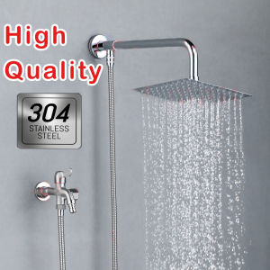 High Quality Stainless Steel 304 Square Shower Set Square Round Shape With Two Way Faucet Full Set Best Bathroom Shower Set Include Square 8 Inch SUS 304 Stainless Steel Shower Head & 1.5m Shower Hose Chrome Brushed Silver COD 2 way faucet with shower