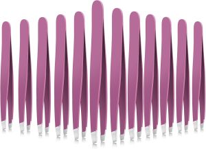 Mudder 12 Pcs Eyebrow Tweezers Set for Facial Hair in Bulk Slanted Tip Style Stainless Steel Rose Red 3.78 Inch Compact for Men and Women Daily Eyebrow Care Daily or Travel